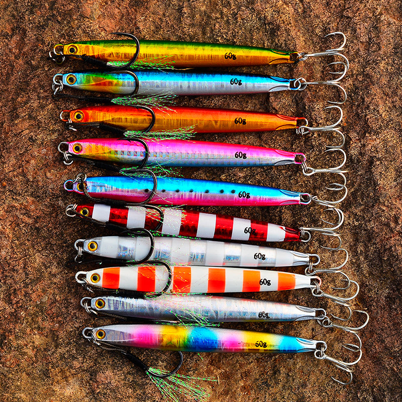 PROBEROS 5pcs Cranky Slow Pitch Jigs, 10g/20g/30g/40g/60g/80g, Luminous Metal Casting Lure, Saltwater Fishing Tackle for Amberjack, Lead, Easter/Independence Day/Thanksgiving/Christmas Festive Fishing Gear