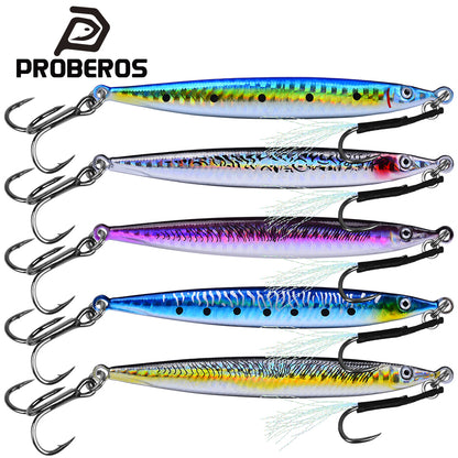 PROBEROS 1 Pc Lead Slow Jigging Lure with Treble Hook; Assist Feather 3D Eyes Saltwater Fishing Bait