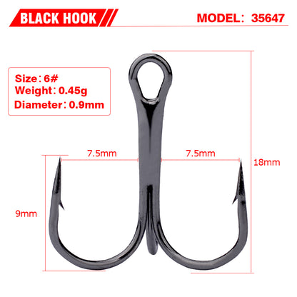 PROBEROS 50PCS Fishing Treble Hooks 14#-3/0# Black High Carbon Steel Hooks