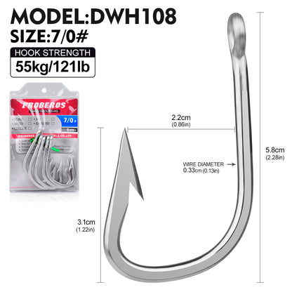 PROBEROS DWH108 5PCS Saltwater Fishing Hooks 6/0#-12/0# Anti-rusty Single hook Tin Color Fishhooks&nbsp; Stainless steel Strength