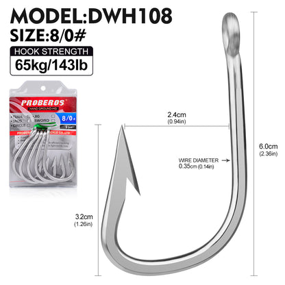 PROBEROS DWH108 5PCS Saltwater Fishing Hooks 6/0#-12/0# Anti-rusty Single hook Tin Color Fishhooks&nbsp; Stainless steel Strength