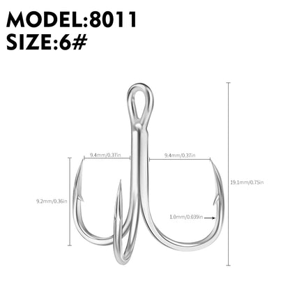 PROBEROS 50PCS Black High Carbon Treble Hooks Super Sharp Solid Size Triple Barbed Steel Fish Hook Fishing Gear Accessories