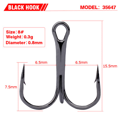 PROBEROS 50PCS Fishing Treble Hooks 14#-3/0# Black High Carbon Steel Hooks