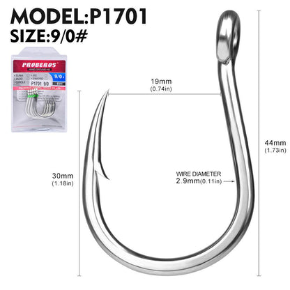 PROBEROS 20PCS Saltwater Fishing Hooks 3/0#-13/0# Anti-rusty Single hook Tin Color Fishhook High Carbon Steel Strength