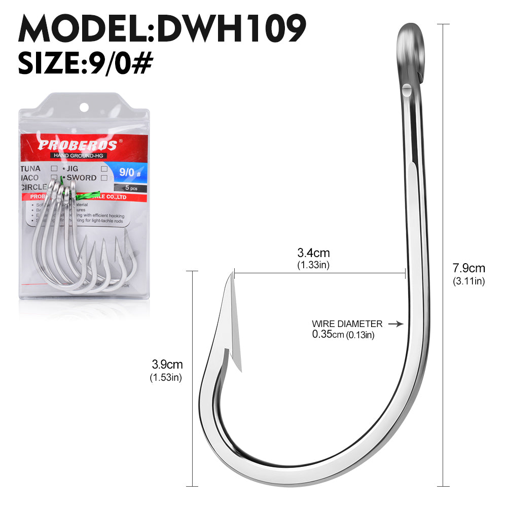 PROBEROS 5PCS Saltwater Fishing Hooks 6/0#-12/0# Anti-rusty Single hook Tin Color Fishhooks&nbsp; Stainless steel Strength