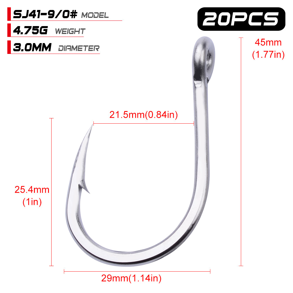 PROBEROS 20PCS Saltwater Fishing Hooks 1/0#-13/0# Anti-rusty Single Hooks Tin Color Fishhooks &nbsp;Stainless steel Strength