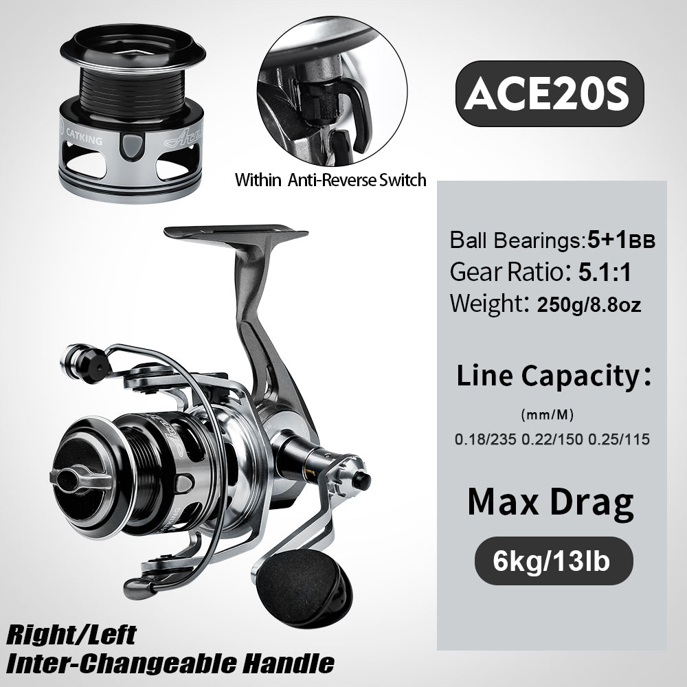 PROBEROS ACE Spinning Reel, 11+1/5+1/4+1BB, 5.1:1/4.9:1 Gear Ratio, 6kg-14kg Max Drag CNC Aluminum , Left/Right Interchangeable Handle
