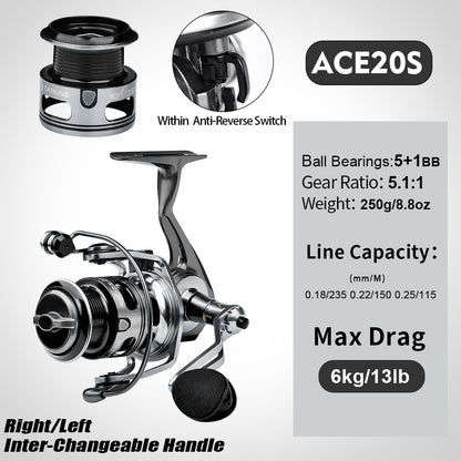 PROBEROS ACE Spinning Reel, 11+1/5+1/4+1BB, 5.1:1/4.9:1 Gear Ratio, 6kg-14kg Max Drag CNC Aluminum , Left/Right Interchangeable Handle