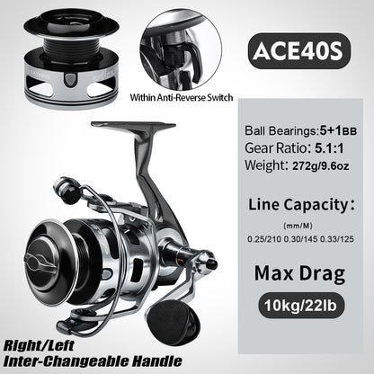 PROBEROS ACE Spinning Reel, 11+1/5+1/4+1BB, 5.1:1/4.9:1 Gear Ratio, 6kg-14kg Max Drag CNC Aluminum , Left/Right Interchangeable Handle