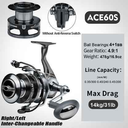 PROBEROS ACE Spinning Reel, 11+1/5+1/4+1BB, 5.1:1/4.9:1 Gear Ratio, 6kg-14kg Max Drag CNC Aluminum , Left/Right Interchangeable Handle