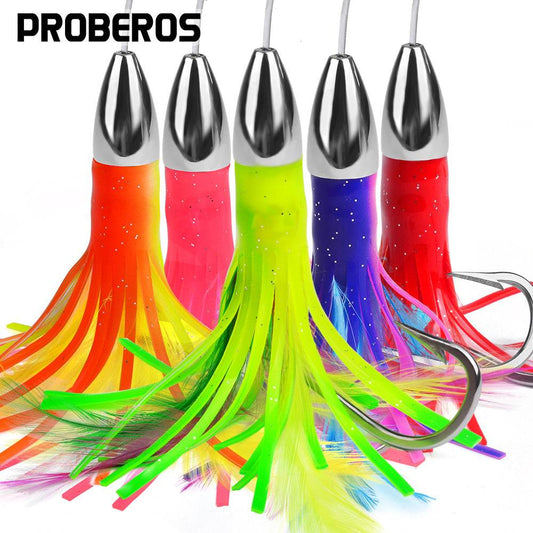 PROBEROS® 5.9 inch Trolling Lure 15cm 48g Zinc Alloy Metal Head Octopus Squid Whisker Soft Lure Sea Fishing Lure 5PCS - Proberos