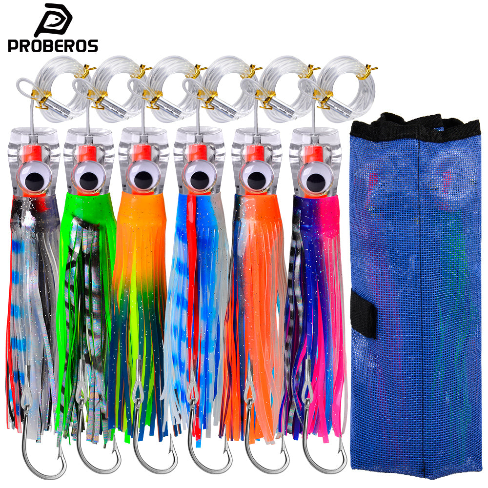 PROBEROS Trolling Lure Set for Big Game Deep Sea Fishing 6/6.7/8.7/9 inch Trolling Lure Set (6Pcs/Set with Net Bag)