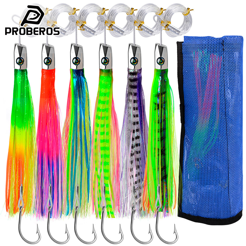 PROBEROS Trolling Lure Set for Big Game Deep Sea Fishing 6/6.7/8.7/9 inch Trolling Lure Set (6Pcs/Set with Net Bag)