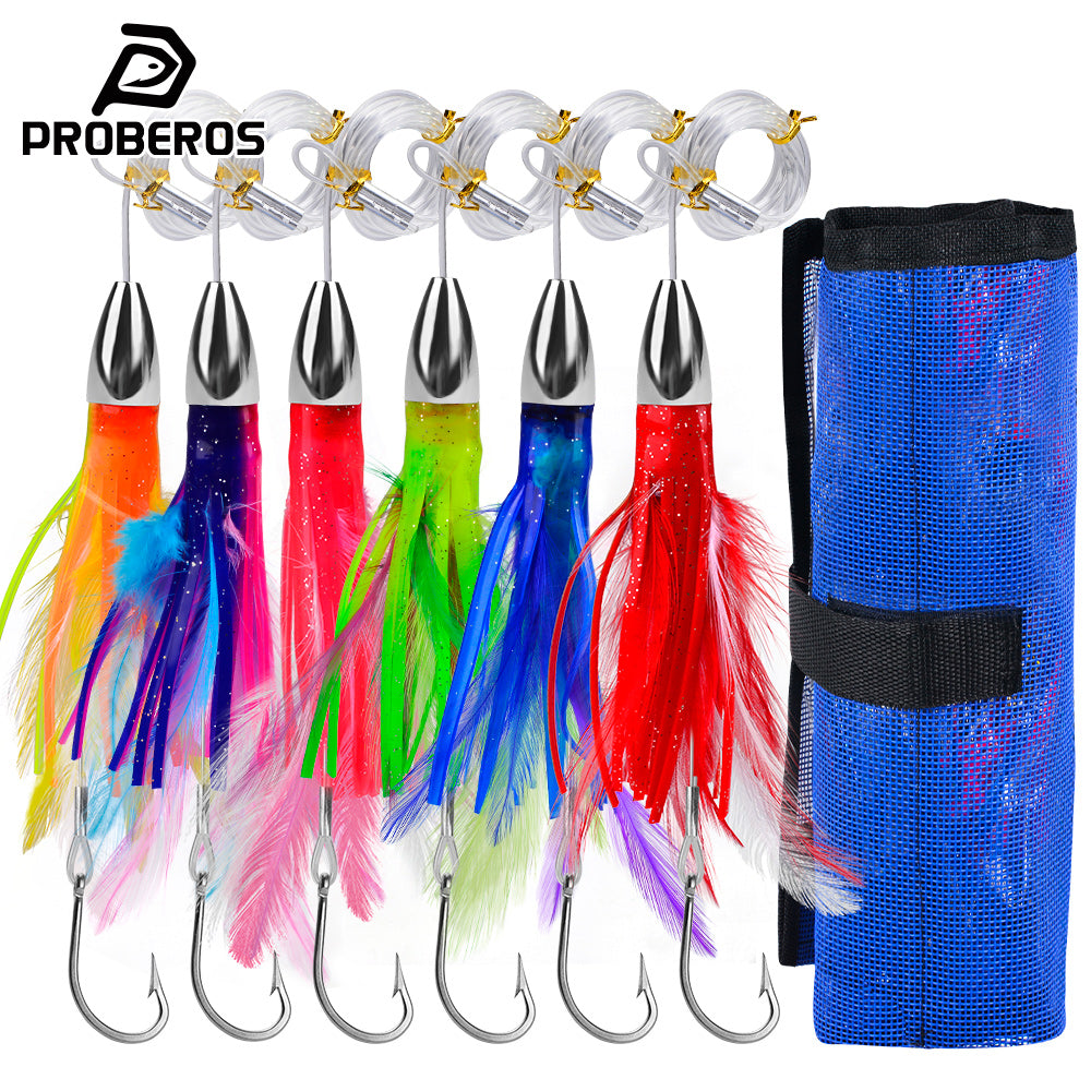 PROBEROS Trolling Lure Set for Big Game Deep Sea Fishing 6/6.7/8.7/9 inch Trolling Lure Set (6Pcs/Set with Net Bag)
