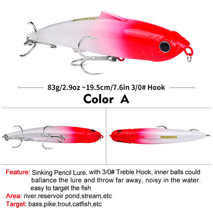 PROBEROS 6pc Big Pencil 19.5cm 83g Sinking Bait Minnow Fishing Lure Laser Hard Artificial Bait 3D Eyes Fishing Wobblers Crankbait Tackle