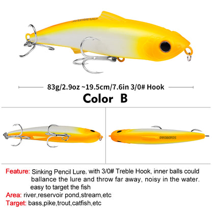 PROBEROS 6pc Big Pencil 19.5cm 83g Sinking Bait Minnow Fishing Lure Laser Hard Artificial Bait 3D Eyes Fishing Wobblers Crankbait Tackle