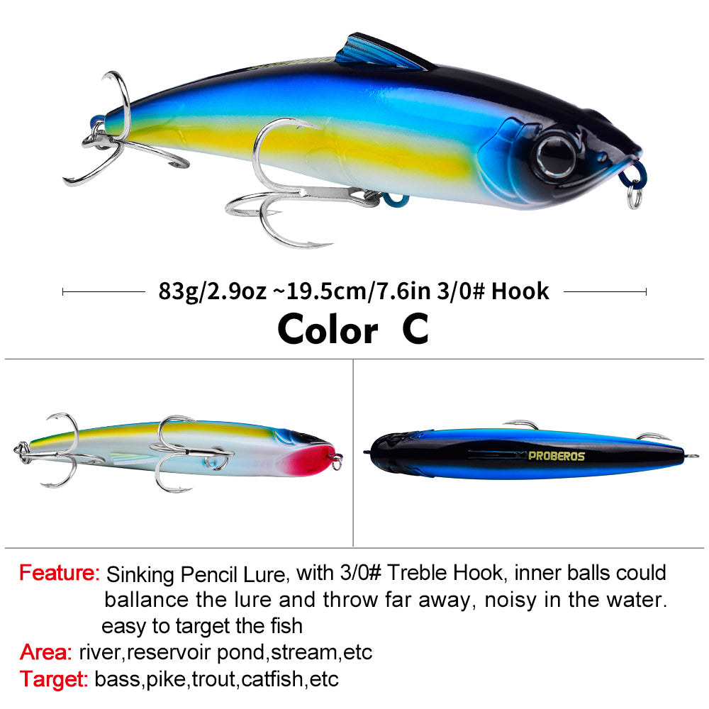 PROBEROS 6pc Big Pencil 19.5cm 83g Sinking Bait Minnow Fishing Lure Laser Hard Artificial Bait 3D Eyes Fishing Wobblers Crankbait Tackle