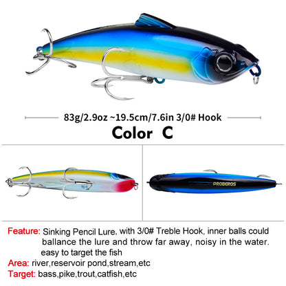 PROBEROS 6pc Big Pencil 19.5cm 83g Sinking Bait Minnow Fishing Lure Laser Hard Artificial Bait 3D Eyes Fishing Wobblers Crankbait Tackle