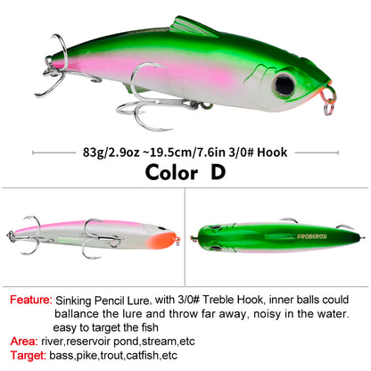PROBEROS 6pc Big Pencil 19.5cm 83g Sinking Bait Minnow Fishing Lure Laser Hard Artificial Bait 3D Eyes Fishing Wobblers Crankbait Tackle