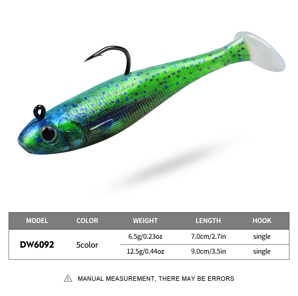 Sunlure Softbaits Paddle Tail Swimbait with Single Hook 5 Colors 6.5g/12.5g Lead Jig Head Soft Minnow Lures 7.0cm/9.0cm 5 pcs/blister pack