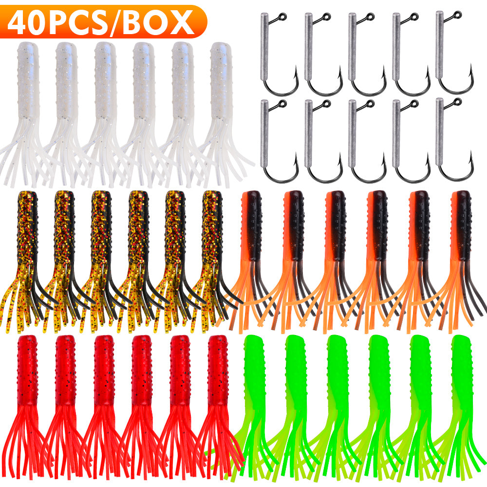 SUNLURE&nbsp; 40PCS Tube Bait Kit with Jig Hooks 7.4cm/3.45g Soft Tube Baits Tube Bait Lures with Jig Heads for Bass Fishing