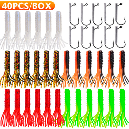 SUNLURE40PCS Tube Bait Kit with Jig Hooks 7.4cm/3.45g Soft Tube Baits Tube Bait Lures with Jig Heads for Bass Fishing