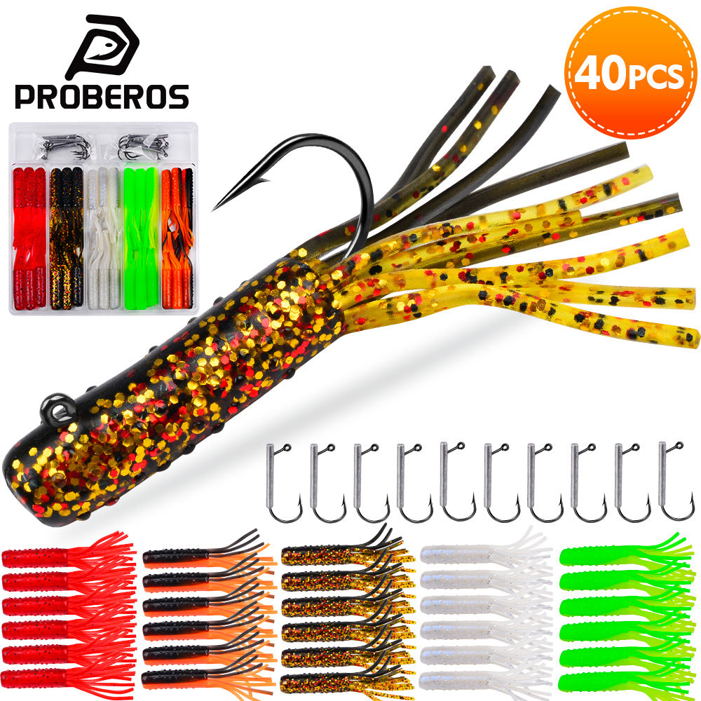 SUNLURE&nbsp; 40PCS Tube Bait Kit with Jig Hooks 7.4cm/3.45g Soft Tube Baits Tube Bait Lures with Jig Heads for Bass Fishing