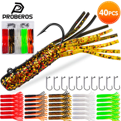 SUNLURE40PCS Tube Bait Kit with Jig Hooks 7.4cm/3.45g Soft Tube Baits Tube Bait Lures with Jig Heads for Bass Fishing