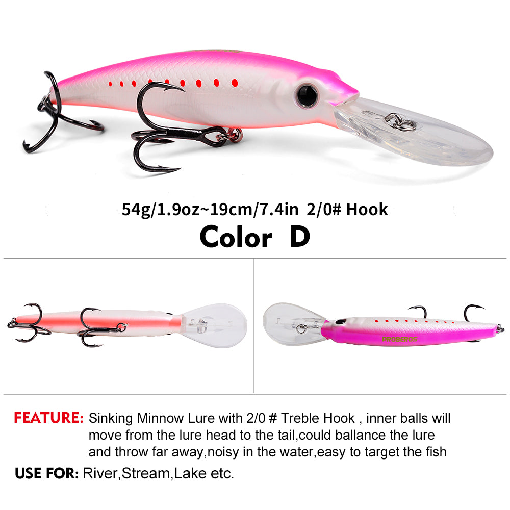 PROBEROS Sinking Minnow Lure 5 Colors (A-E) Offshore Fishing Bait 19cm 54g (1PC Pack)