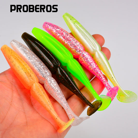 Proberos Soft Baits 10cm/0.42oz Artificial Silicone T-shaped Tail Fishing Bait 4PCS Wobblers Swimbait 6-Color Seawater Freshwater Fishing Lures