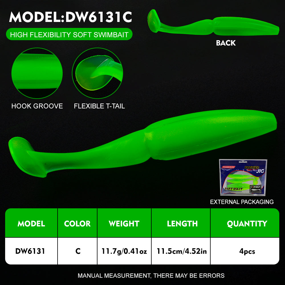 Proberos Soft Baits 10cm/0.42oz Artificial Silicone T-shaped Tail Fishing Bait 4PCS Wobblers Swimbait 6-Color Seawater Freshwater Fishing Lures