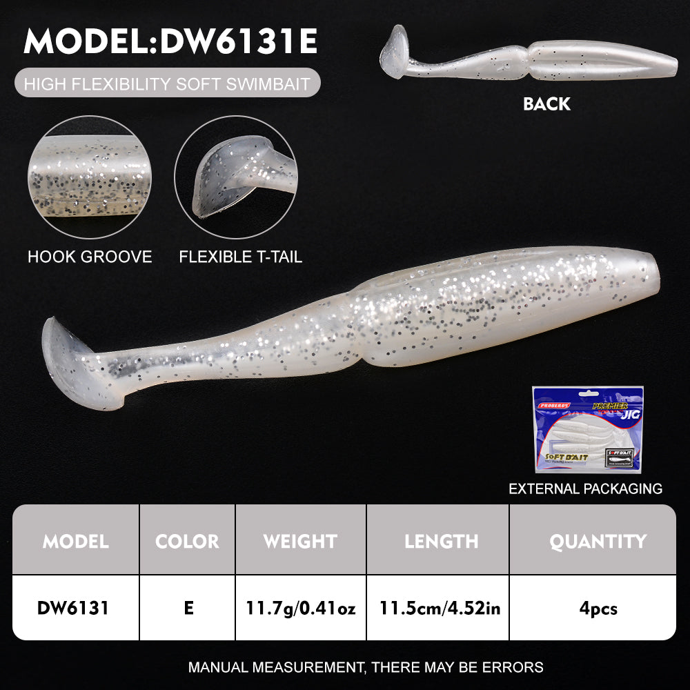 Proberos Soft Baits 10cm/0.42oz Artificial Silicone T-shaped Tail Fishing Bait 4PCS Wobblers Swimbait 6-Color Seawater Freshwater Fishing Lures