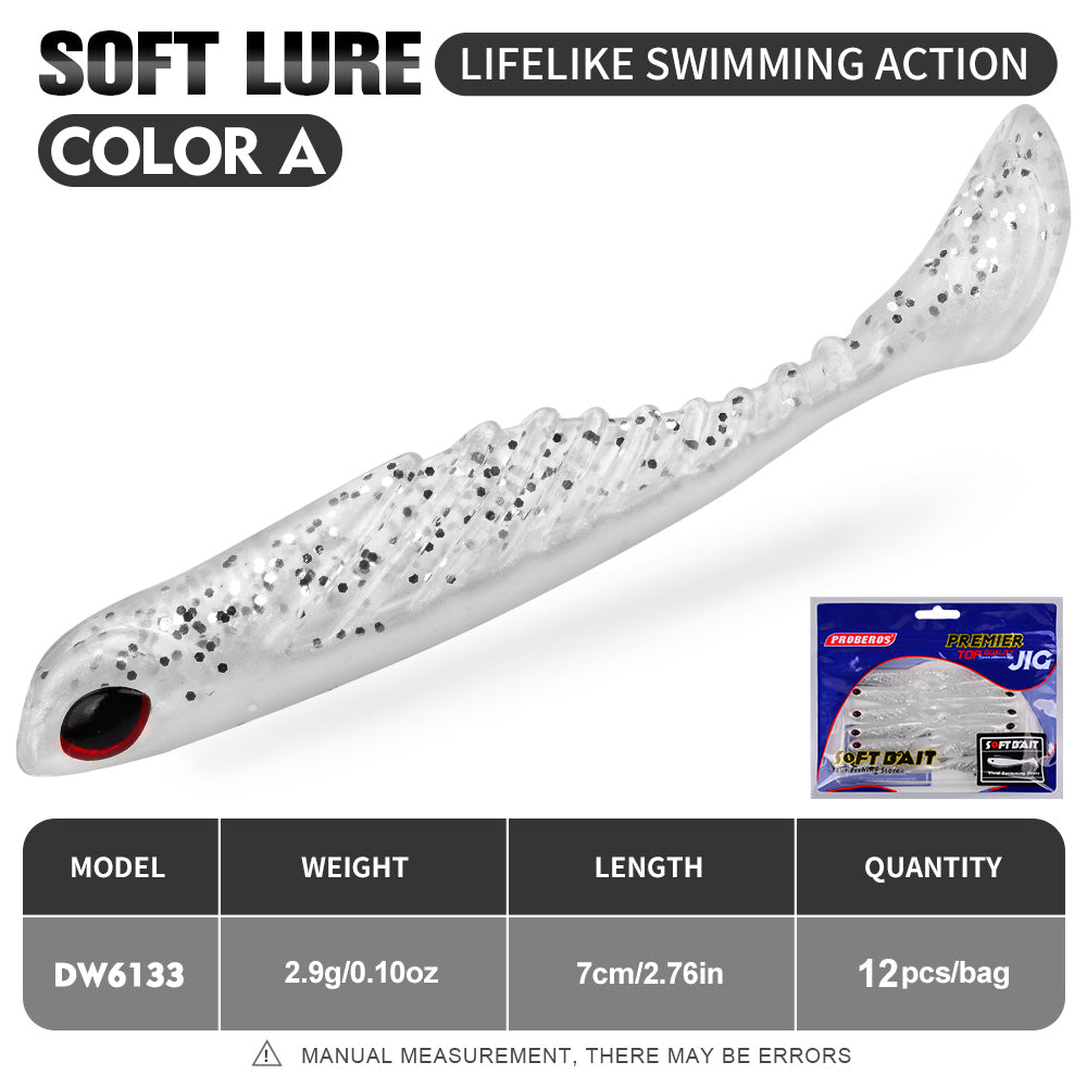 PROBEROS 3D Simulation Fish Eye Ribbed Swimming Bait Soft Plastic T-tail Fish Shaped Lure 12PCS/Bag Barracuda Bass Fishing Bait