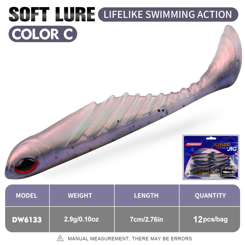 PROBEROS 3D Simulation Fish Eye Ribbed Swimming Bait Soft Plastic T-tail Fish Shaped Lure 12PCS/Bag Barracuda Bass Fishing Bait