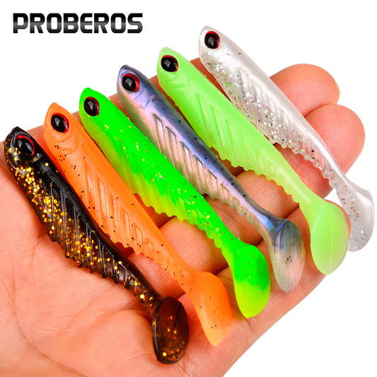 PROBEROS 3D Simulation Fish Eye Ribbed Swimming Bait Soft Plastic T-tail Fish Shaped Lure 12PCS/Bag Barracuda Bass Fishing Bait