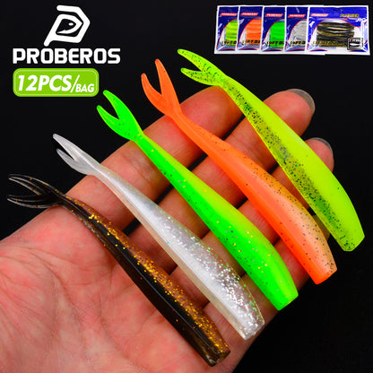 PROBEROS Fish Shaped Forked Tail Worm Soft Bait 12PCS/Bag Artificial Silicone Wobbler Swimming Bait 10cm&3.4g Bass Sea/Freshwater Fishing Lures