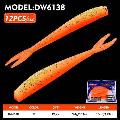 PROBEROS Fish Shaped Forked Tail Worm Soft Bait 12PCS/Bag Artificial Silicone Wobbler Swimming Bait 10cm&3.4g Bass Sea/Freshwater Fishing Lures