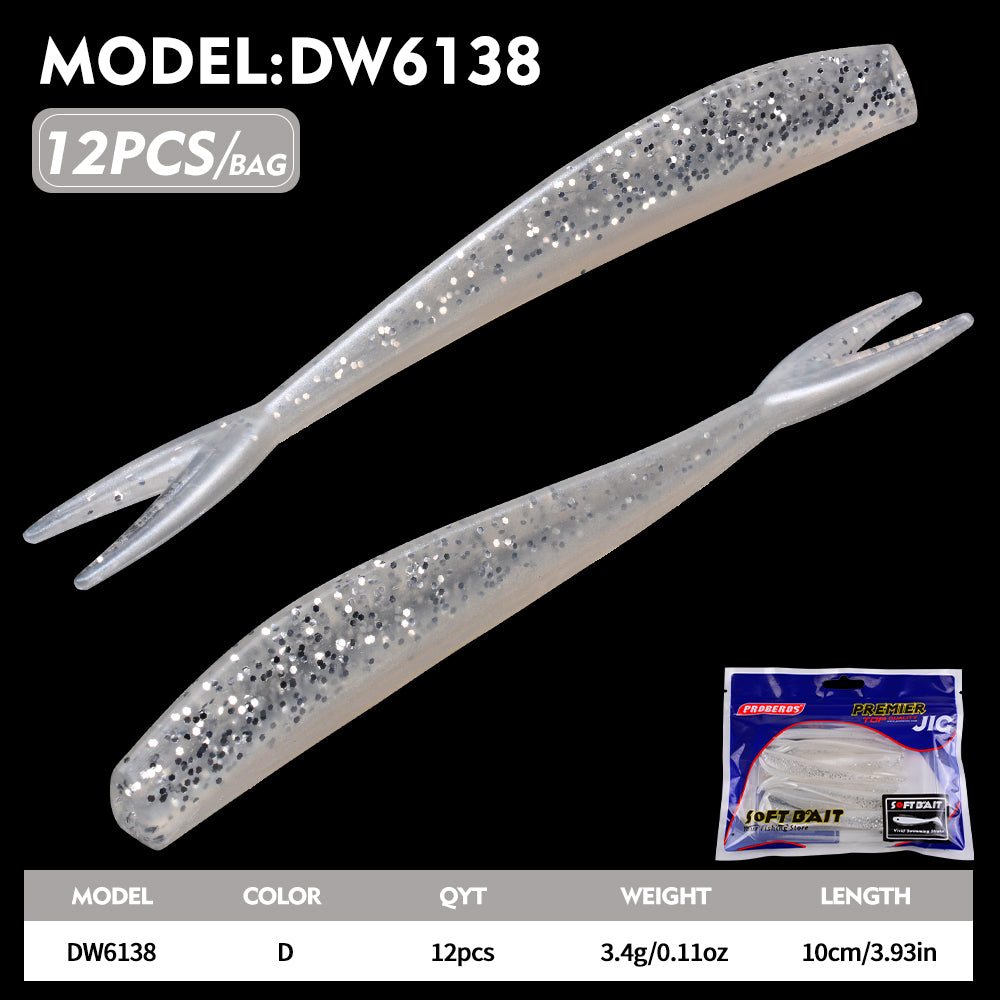 PROBEROS Fish Shaped Forked Tail Worm Soft Bait 12PCS/Bag Artificial Silicone Wobbler Swimming Bait 10cm&3.4g Bass Sea/Freshwater Fishing Lures