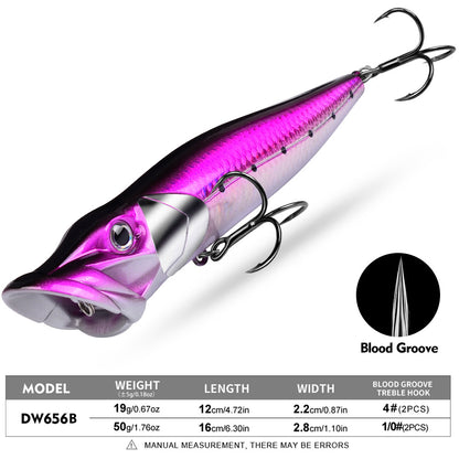 PROBEROS Topwater Popper Lure, 19g/50g for Bass  Pike 3D Eyes Hard Popper Bait, 12cm/16cm, with Treble Hooks