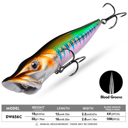 PROBEROS Topwater Popper Lure, 19g/50g for Bass  Pike 3D Eyes Hard Popper Bait, 12cm/16cm, with Treble Hooks
