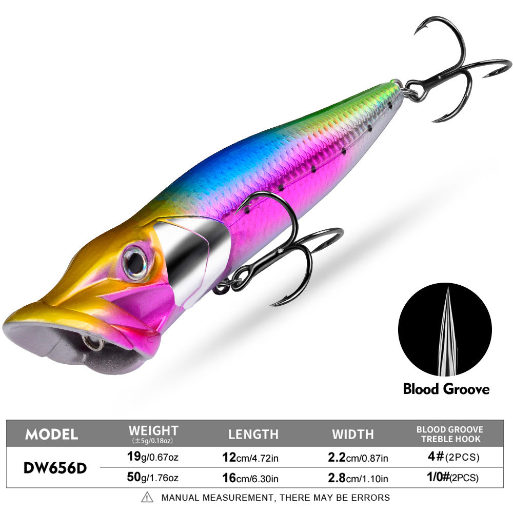 PROBEROS Topwater Popper Lure, 19g/50g, A-F Colors, for Bass &amp; Pike 3D Eyes Hard Popper Bait, 12cm/16cm, with Treble Hooks