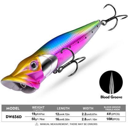 PROBEROS Topwater Popper Lure, 19g/50g for Bass  Pike 3D Eyes Hard Popper Bait, 12cm/16cm, with Treble Hooks