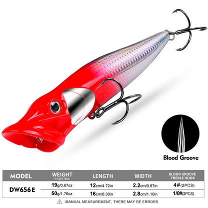 PROBEROS Topwater Popper Lure, 19g/50g for Bass  Pike 3D Eyes Hard Popper Bait, 12cm/16cm, with Treble Hooks