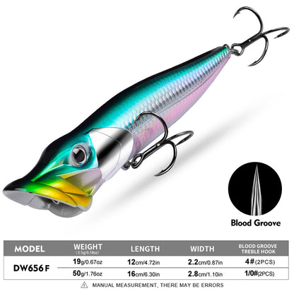 PROBEROS Topwater Popper Lure, 19g/50g for Bass  Pike 3D Eyes Hard Popper Bait, 12cm/16cm, with Treble Hooks