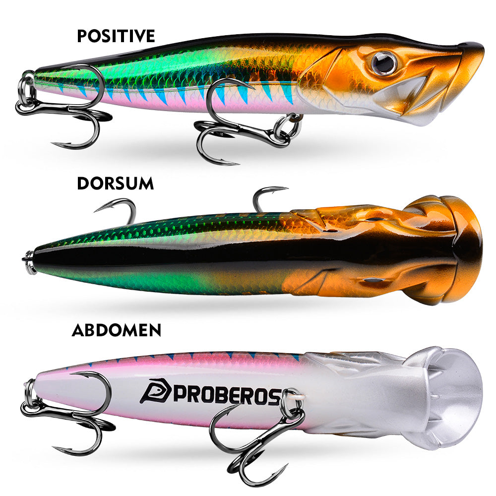 PROBEROS Topwater Popper Lure, 19g/50g, A-F Colors, for Bass &amp; Pike 3D Eyes Hard Popper Bait, 12cm/16cm, with Treble Hooks
