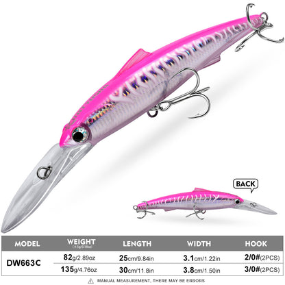 PROBEROS DW663 Deep Diving Minnow Hard Lure, 2 Sizes 8 Colors Offshore Trolling Saltwater Big Game Lures