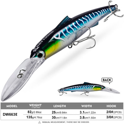 PROBEROS DW663 Deep Diving Minnow Hard Lure, 2 Sizes 8 Colors Offshore Trolling Saltwater Big Game Lures