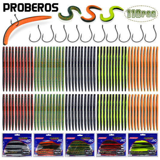 Proberos 110Pcs Soft Worm Fishing Lures Kit – Multi - Color Bass/Trout Baits with Hooks