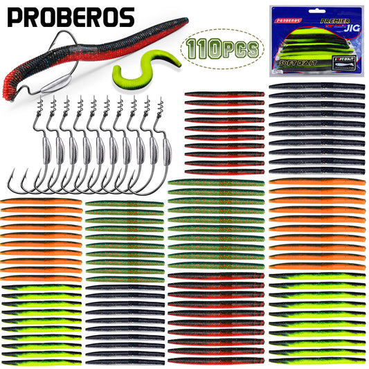 Proberos 110Pcs Fishing Lures Kit – Soft Worms & Jig Hooks for Bass/Walleye Fishing