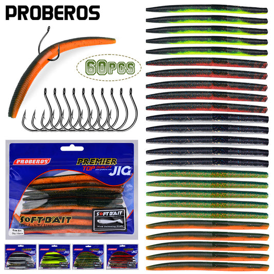 60Pcs Proberos Fishing Lures Set – Soft Plastic Worms & Hooks for Freshwater Angling